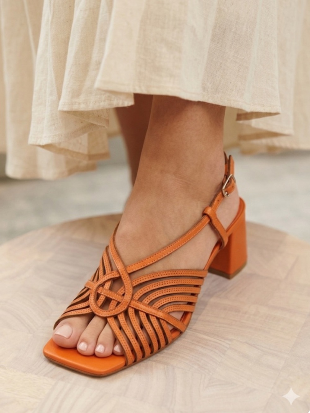 Minelli Paris Orange Strappy Bloc Heel Sandals Size 38